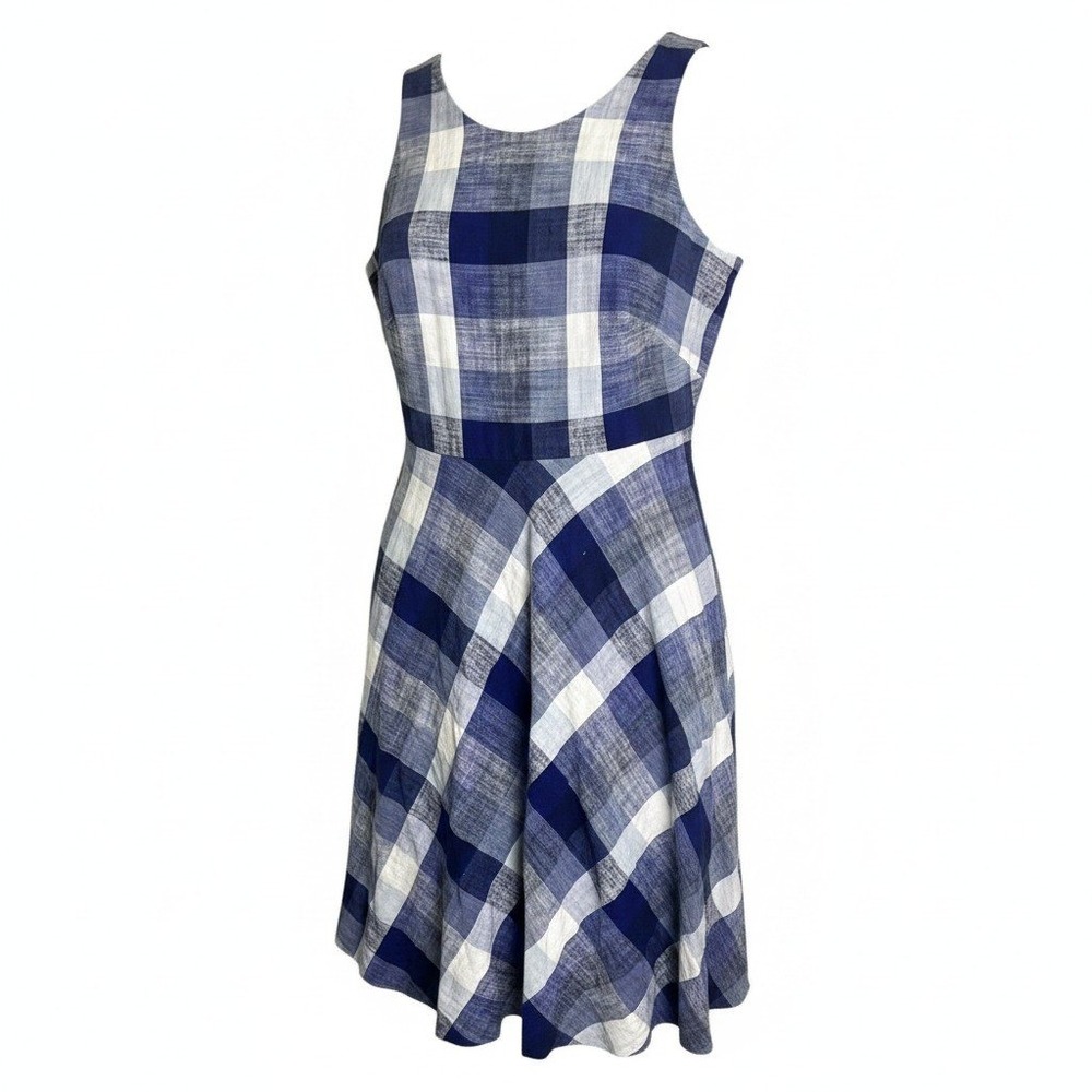 Eliza J Womens Blue White Buffalo Plaid Linen Blend Fit Flare V-Back Dress 16W